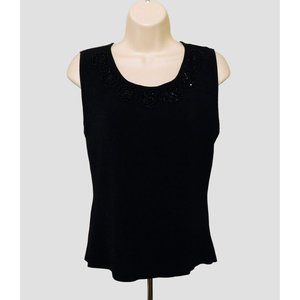 Finity Sweater Top L Black Beaded Floral Sleeveless Scoop Neck Rayon Blend